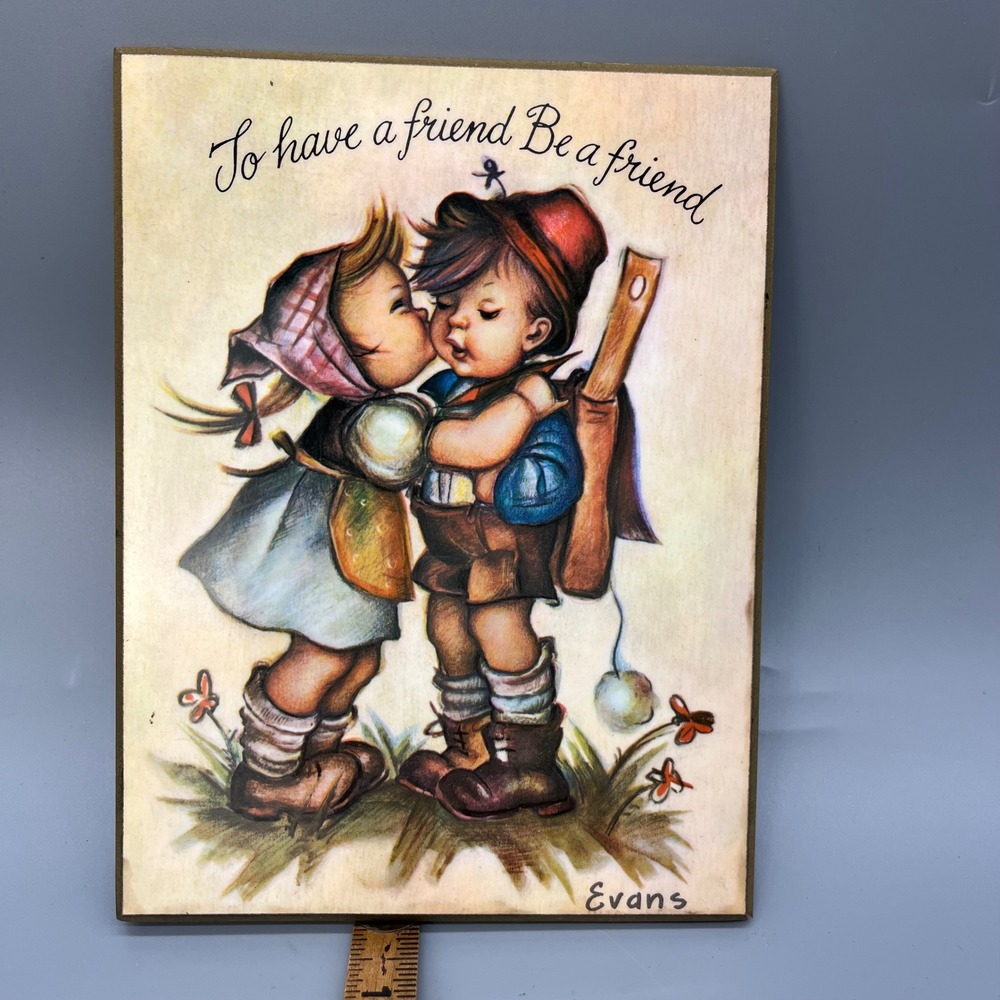 Vintage '76 Hummel Wooden Wall Decor Artwork by Evans Girl‎ Kissing Boy Friends
